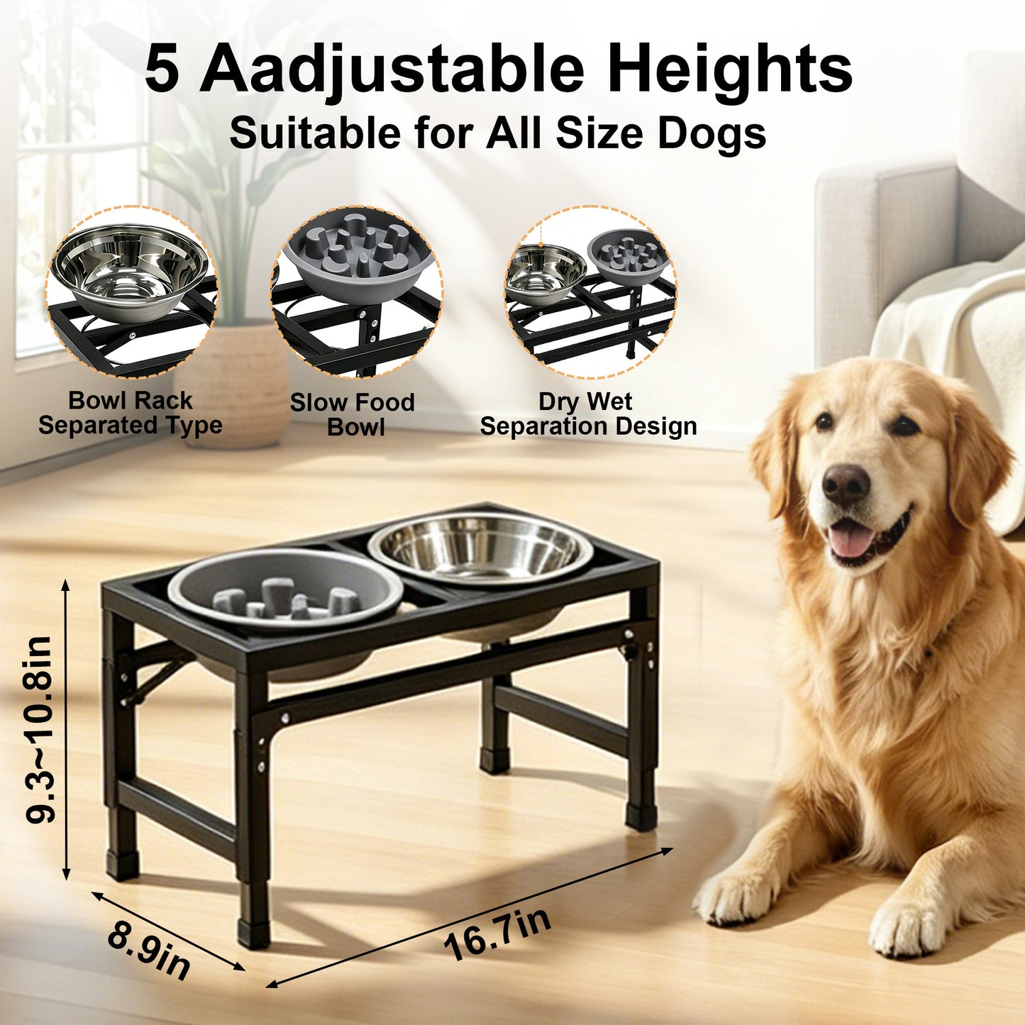 Newget 3-Speed Height Adjustable Raised Elevated Stainless Steel Dog Bowl, Medium