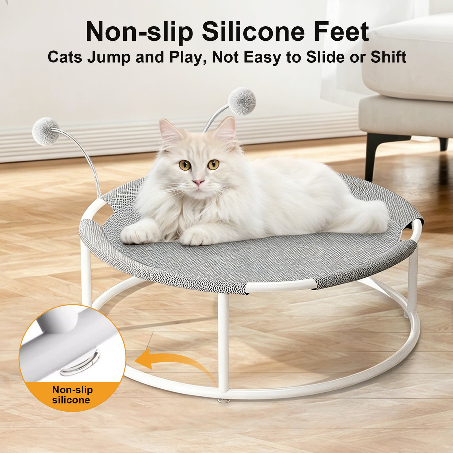 Twinsing Elevated Hammock with Interactive Pom-Pom Toys Cat Bed, Grey