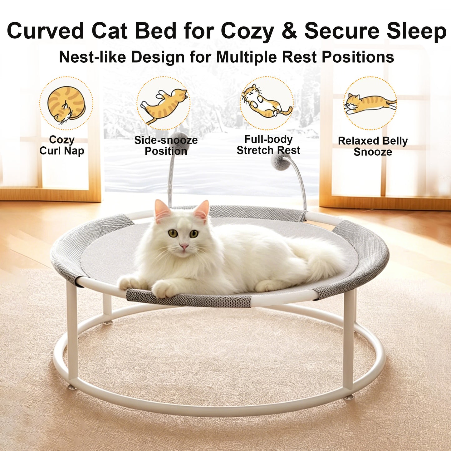 Twinsing Elevated Hammock with Interactive Pom-Pom Toys Cat Bed, Grey