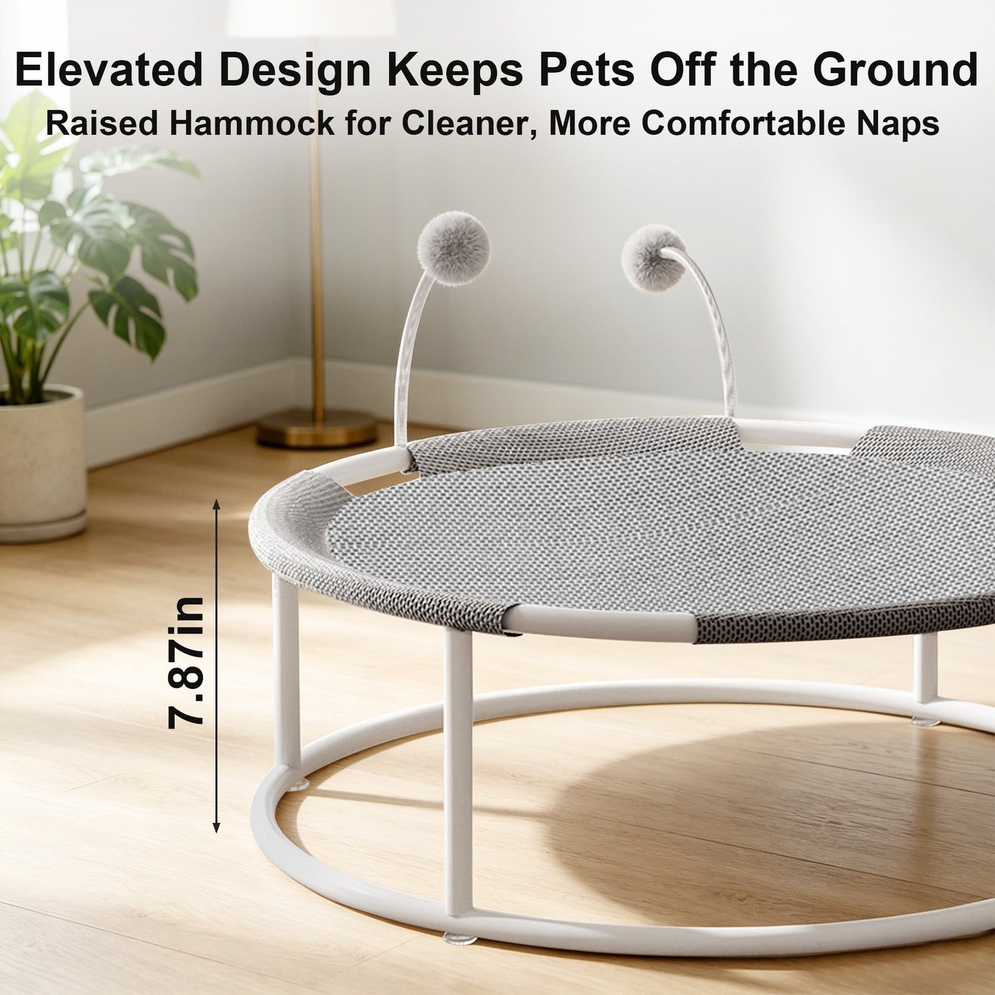 Twinsing Elevated Hammock with Interactive Pom-Pom Toys Cat Bed, Grey