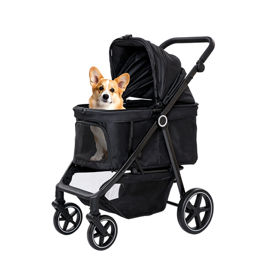 Twinsing 4-Wheel Easy-Fold Dog & Cat Stroller with Adjustable Handle, Storage Basket & Breathable Mesh, Black