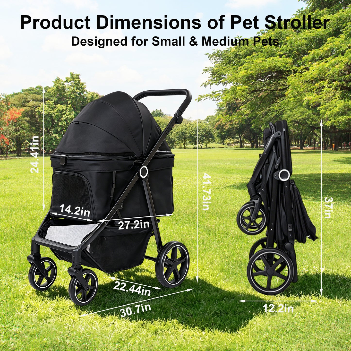 Twinsing 4-Wheel Easy-Fold Dog & Cat Stroller with Adjustable Handle, Storage Basket & Breathable Mesh, Black