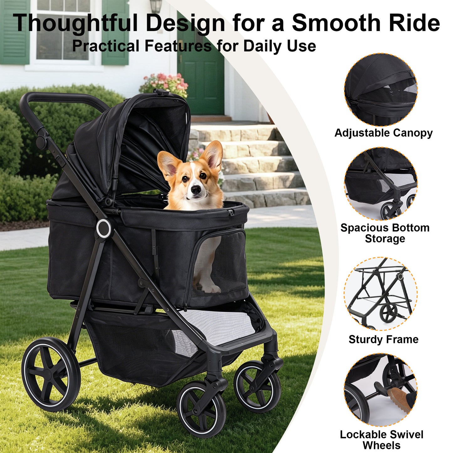 Twinsing 4-Wheel Easy-Fold Dog & Cat Stroller with Adjustable Handle, Storage Basket & Breathable Mesh, Black