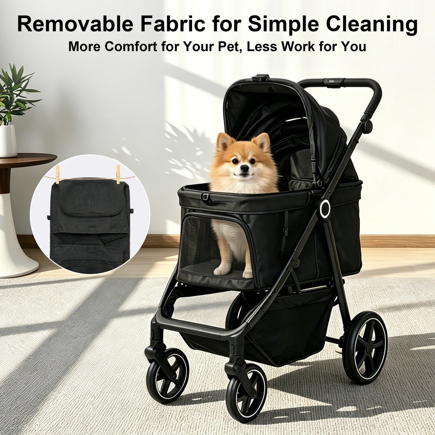 Twinsing 4-Wheel Easy-Fold Dog & Cat Stroller with Adjustable Handle, Storage Basket & Breathable Mesh, Black