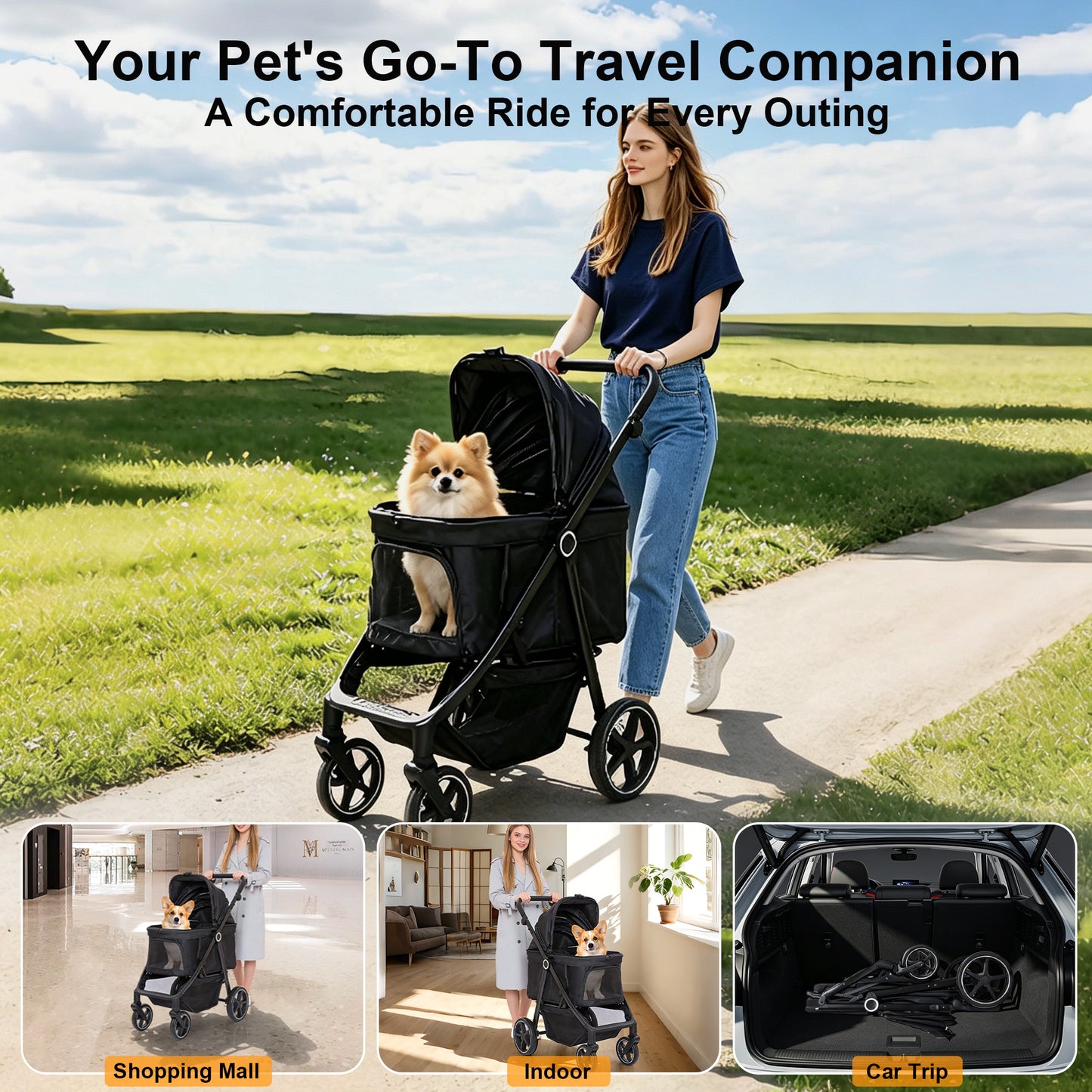 Twinsing 4-Wheel Easy-Fold Dog & Cat Stroller with Adjustable Handle, Storage Basket & Breathable Mesh, Black