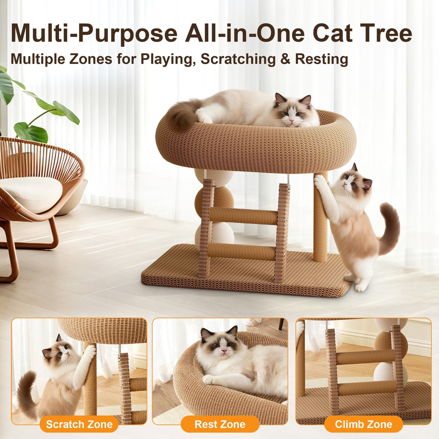 Twinsing Linen Condo Space Saving Climber Cat Tree with Natural Sisal Scratching Posts, Ball & Cooling Mat, Brown