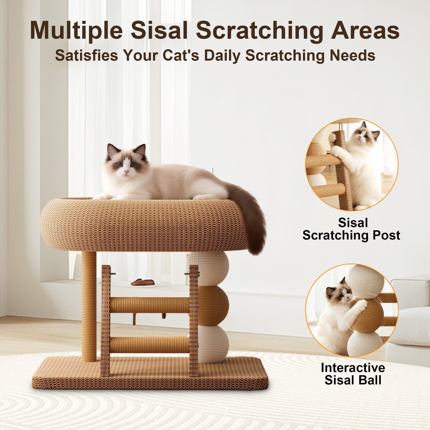 Twinsing Linen Condo Space Saving Climber Cat Tree with Natural Sisal Scratching Posts, Ball & Cooling Mat, Brown