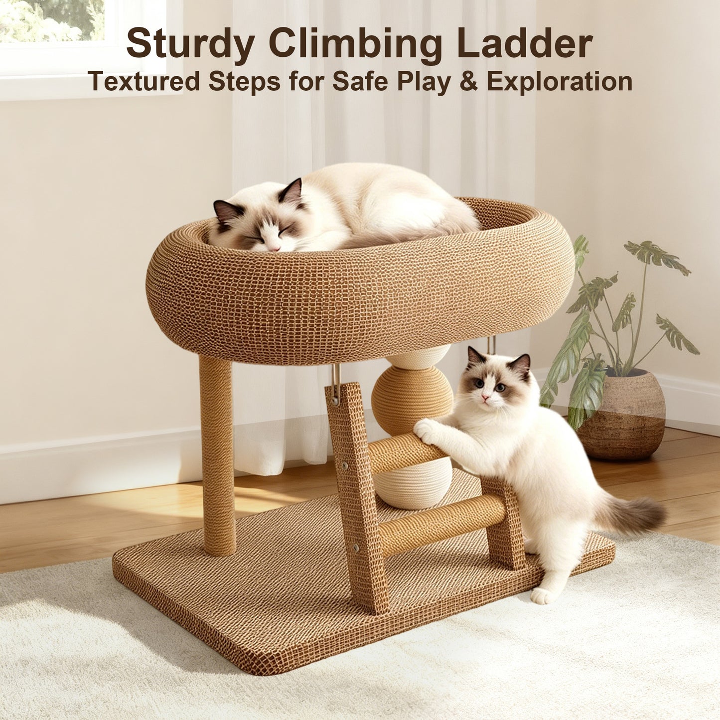 Twinsing Linen Condo Space Saving Climber Cat Tree with Natural Sisal Scratching Posts, Ball & Cooling Mat, Brown