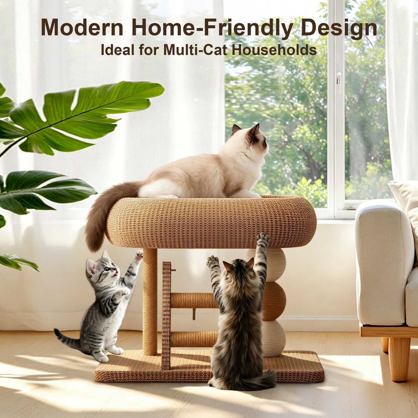 Twinsing Linen Condo Space Saving Climber Cat Tree with Natural Sisal Scratching Posts, Ball & Cooling Mat, Brown