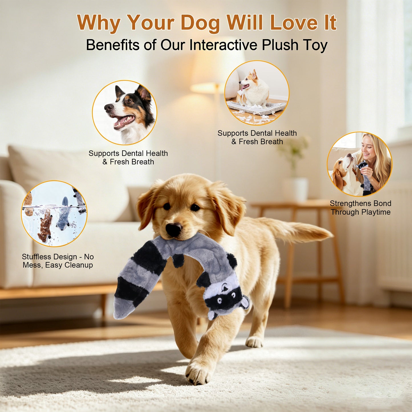 Newget Interactive Stuffed Chew Squeaky Plush Squirrel Dog Toy, 4 count