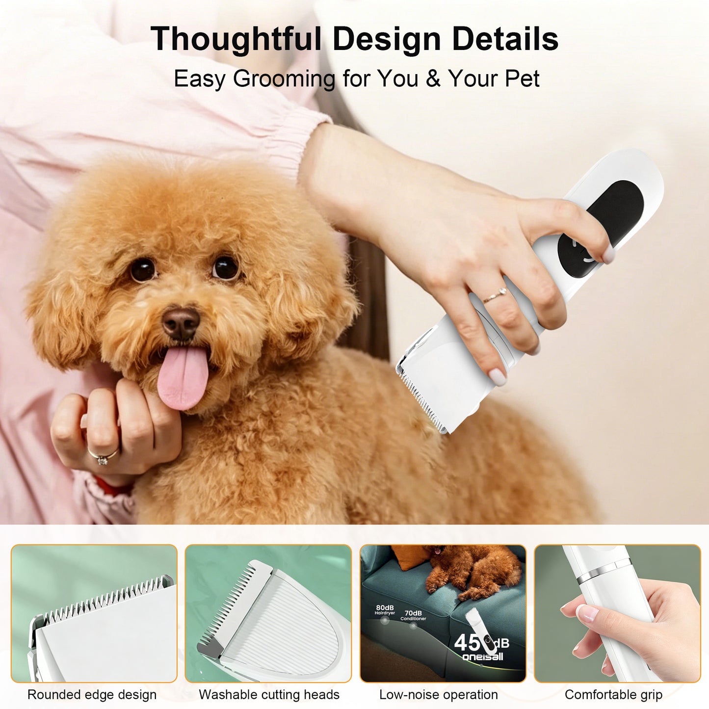 Twinsing 4-in-1 Cordless Quiet Hair Clipper Dog & Cat Grooming Kit with Nail Grinder & Rechargeable Paw Trimmer, White