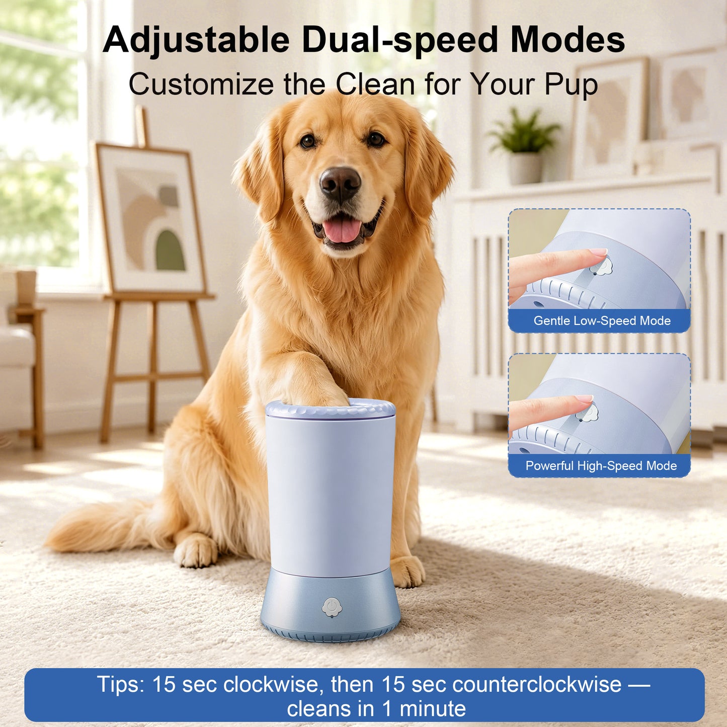 Twinsing Portable USB Rechargeable 2-Speed Detachable Soft Silicone Brush Dog & Cat Paw Washer Cup, Blue