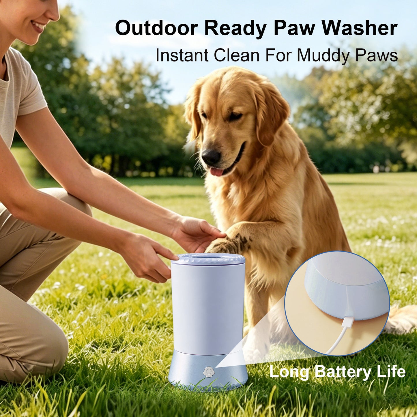 Twinsing Portable USB Rechargeable 2-Speed Detachable Soft Silicone Brush Dog & Cat Paw Washer Cup, Blue