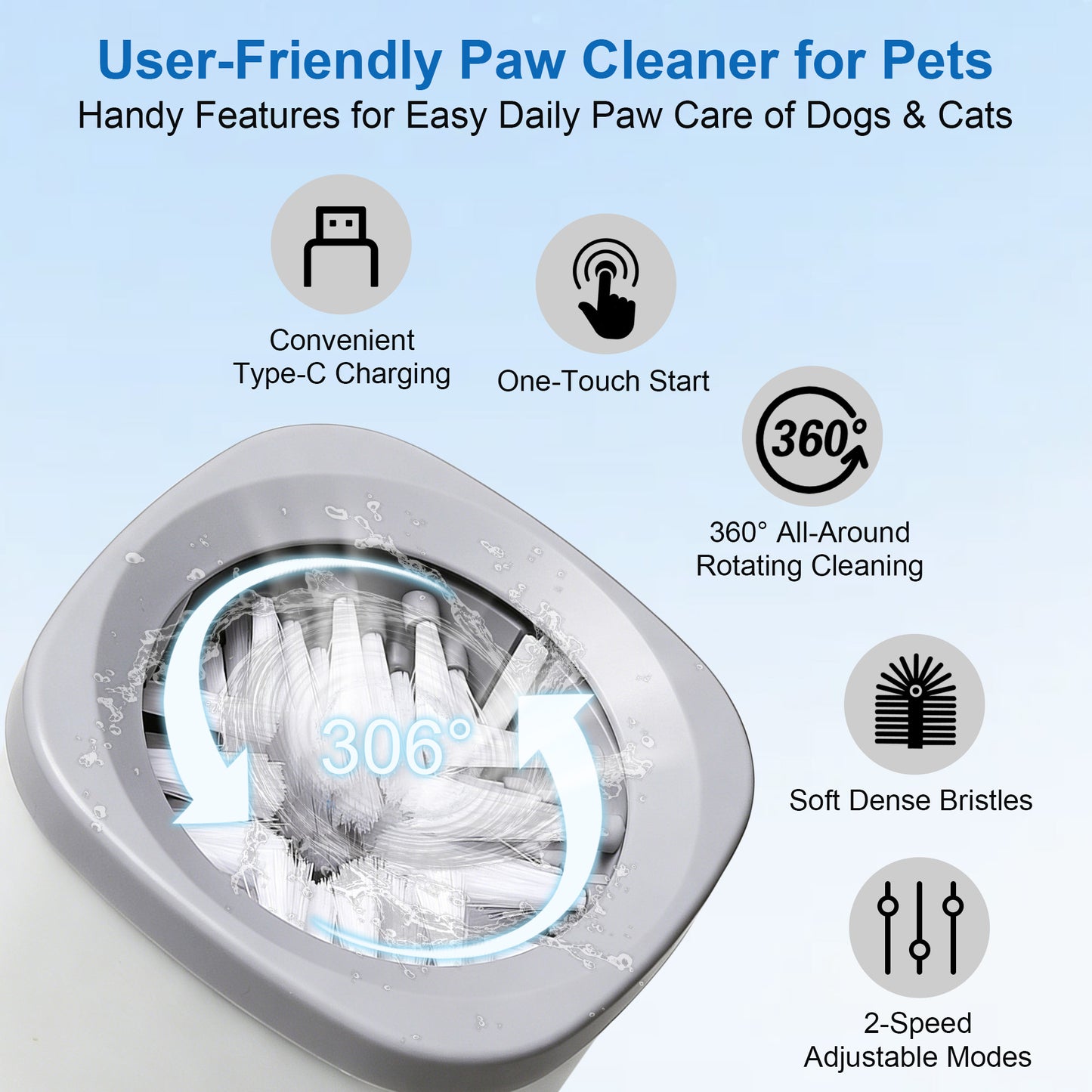 Twinsing 2 Speed Automatic Rechargeable Dog & Cat Foot Washer with Soft Brush, Grey