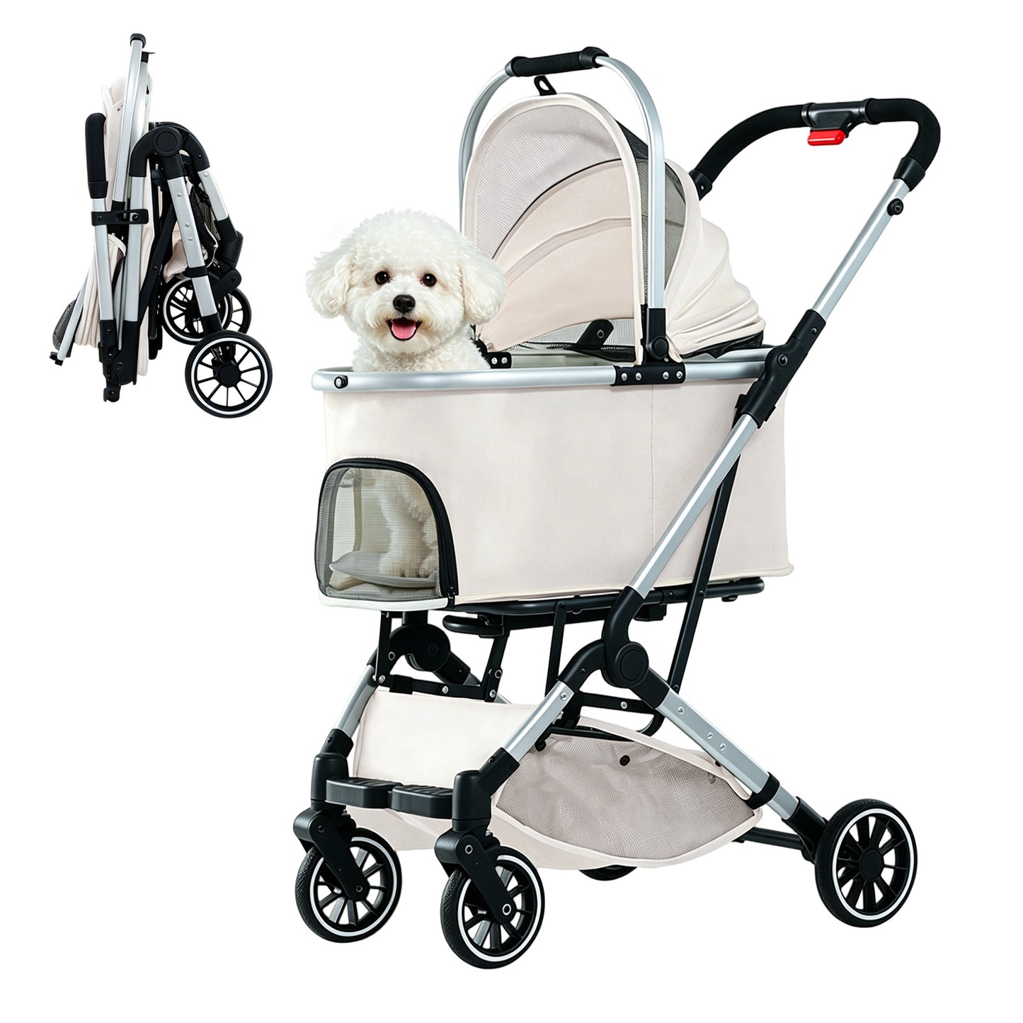 Newget 3 in 1 One-Hand Fold Lightweight All-Terrain Convertible Carrier & Handbaske Dog & Cat Stroller, Beige