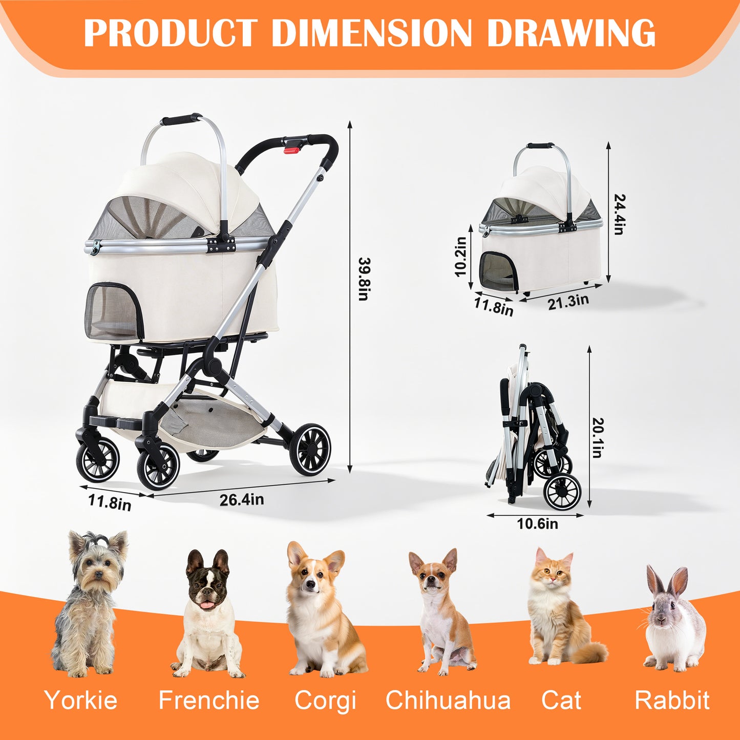 Newget 3 in 1 One-Hand Fold Lightweight All-Terrain Convertible Carrier & Handbaske Dog & Cat Stroller, Beige