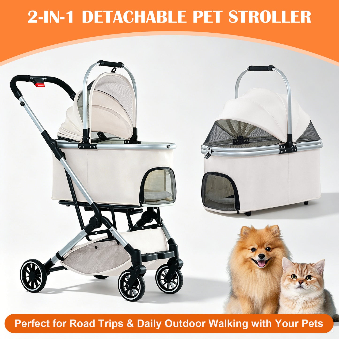 Newget 3 in 1 One-Hand Fold Lightweight All-Terrain Convertible Carrier & Handbaske Dog & Cat Stroller, Beige