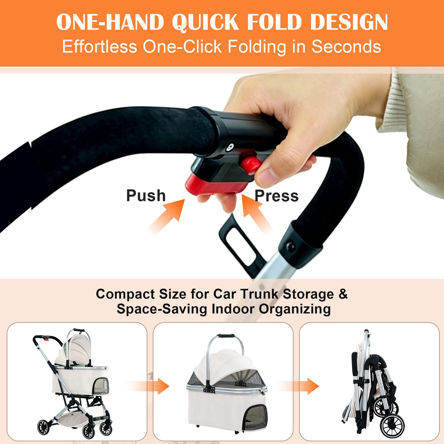 Newget 3 in 1 One-Hand Fold Lightweight All-Terrain Convertible Carrier & Handbaske Dog & Cat Stroller, Beige