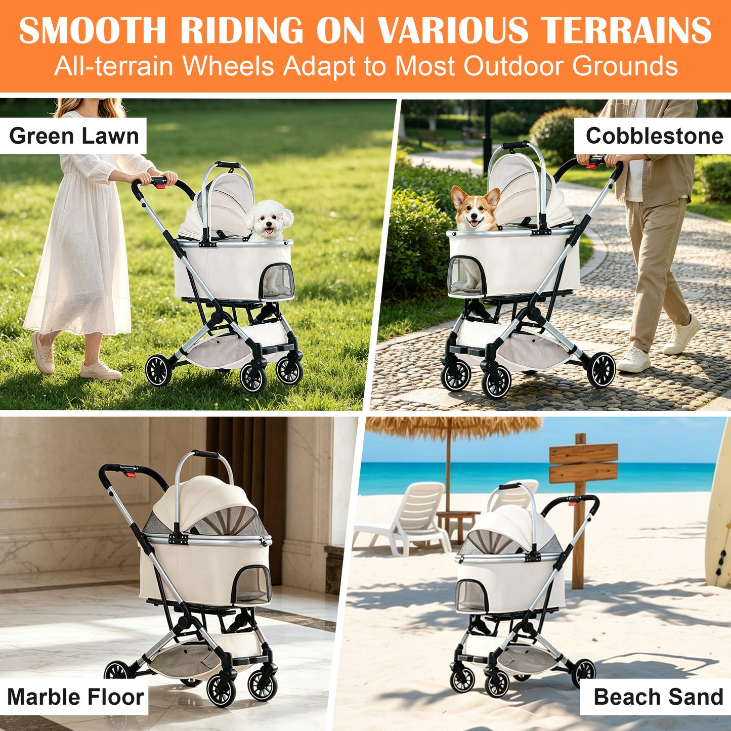 Newget 3 in 1 One-Hand Fold Lightweight All-Terrain Convertible Carrier & Handbaske Dog & Cat Stroller, Beige
