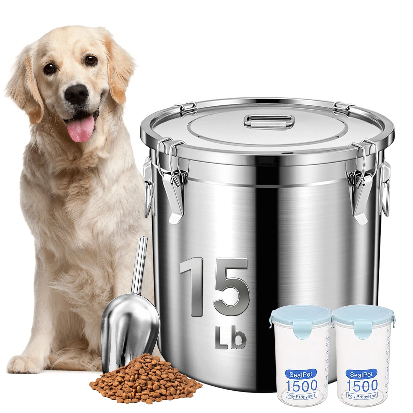 Newget Stainless Steel Dog Food Storage Container, Small: 15-lb