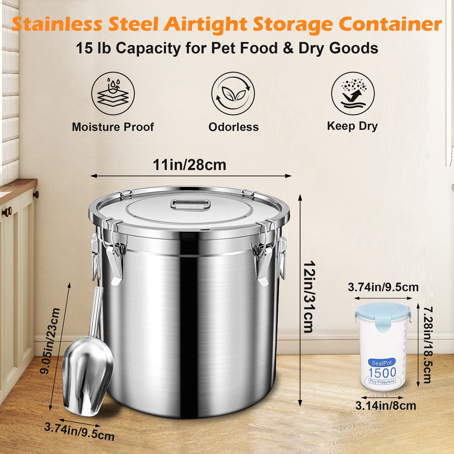 Newget Stainless Steel Dog Food Storage Container, Small: 15-lb