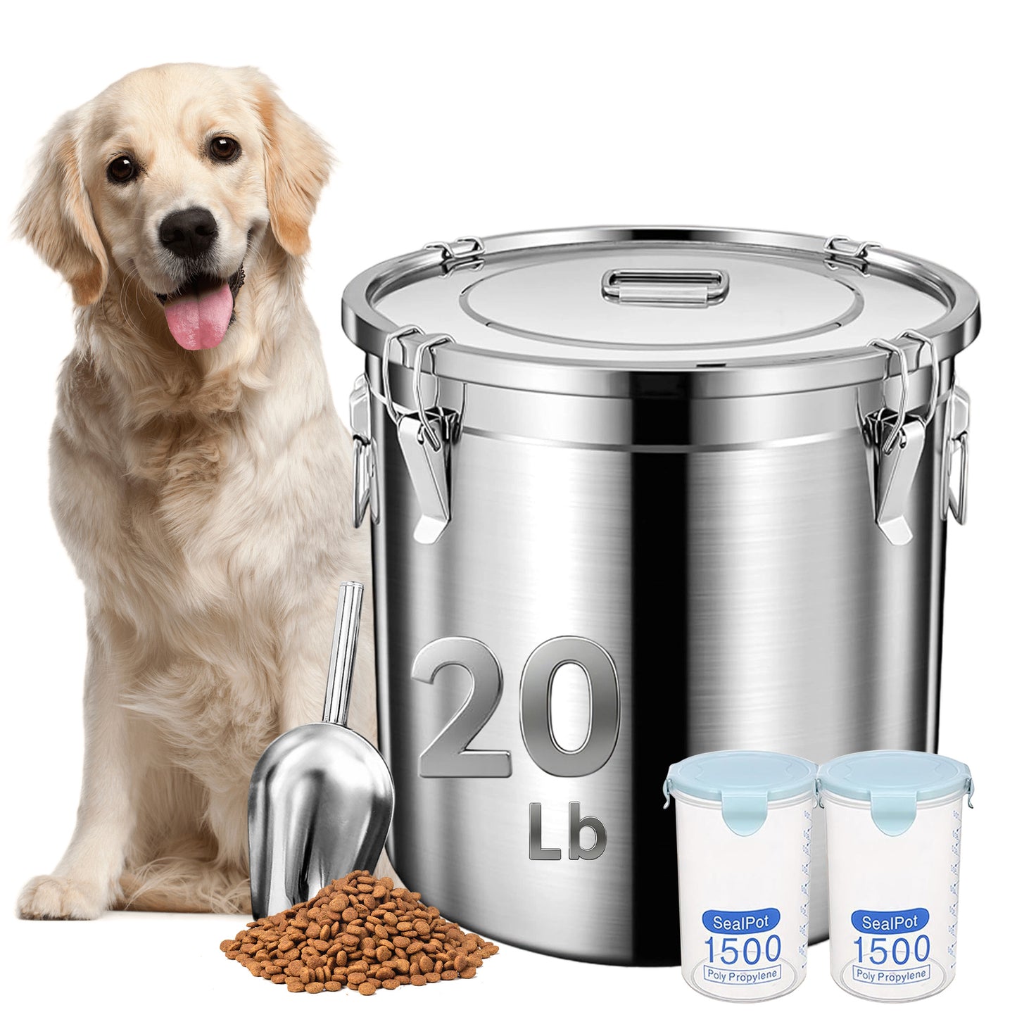 Newget Stainless Steel Dog Food Storage Container, Medium: 20-lb