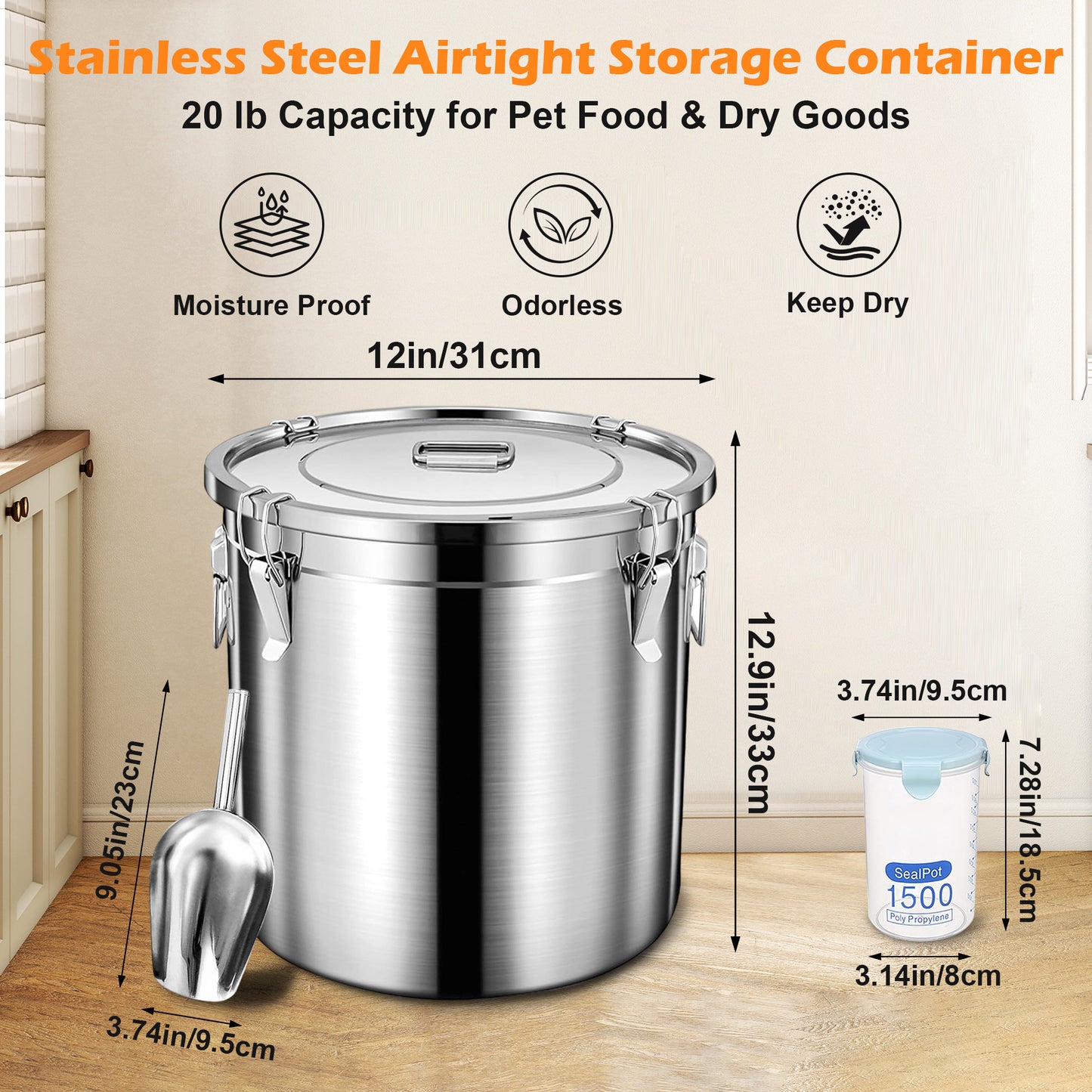 Newget Stainless Steel Dog Food Storage Container, Medium: 20-lb