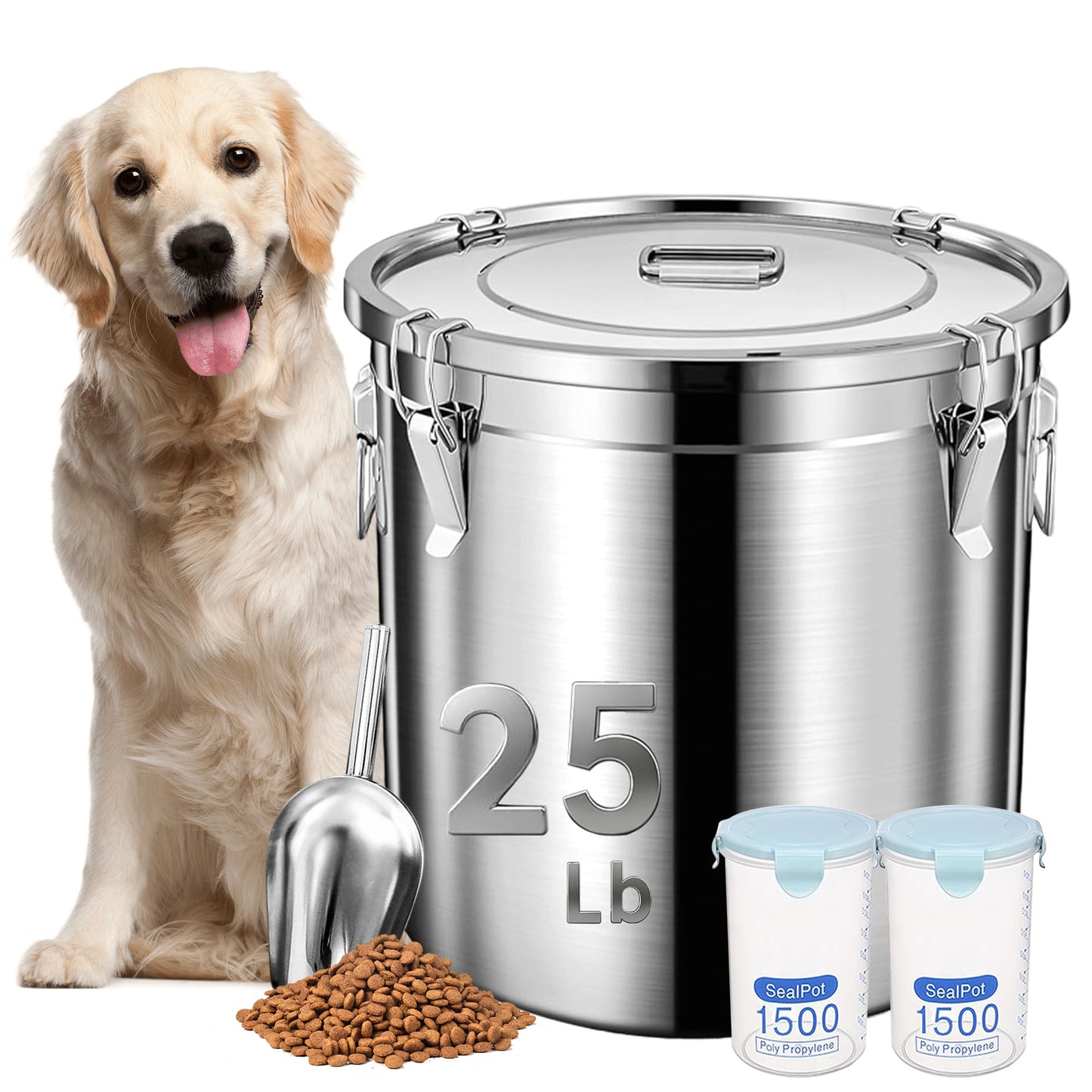 Newget Stainless Steel Dog Food Storage Container, Large: 25-lb