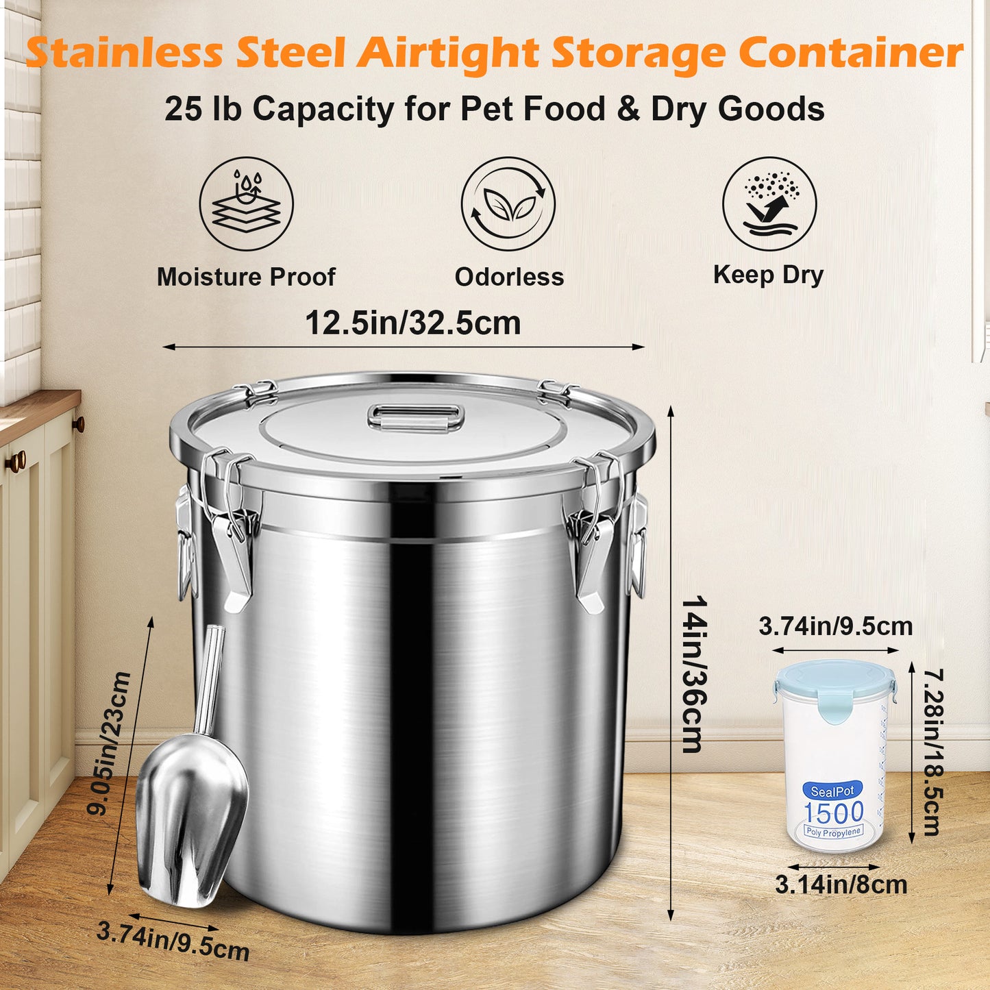Newget Stainless Steel Dog Food Storage Container, Large: 25-lb