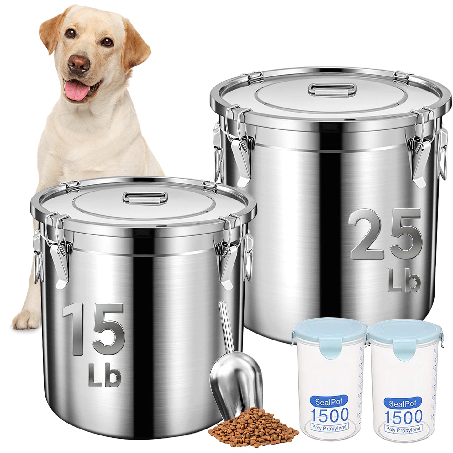 Newget Stainless Steel Dog Food Storage Container, Large: 38-lb