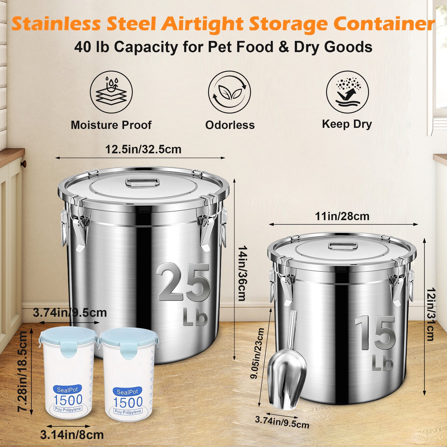 Newget Stainless Steel Dog Food Storage Container, Large: 38-lb