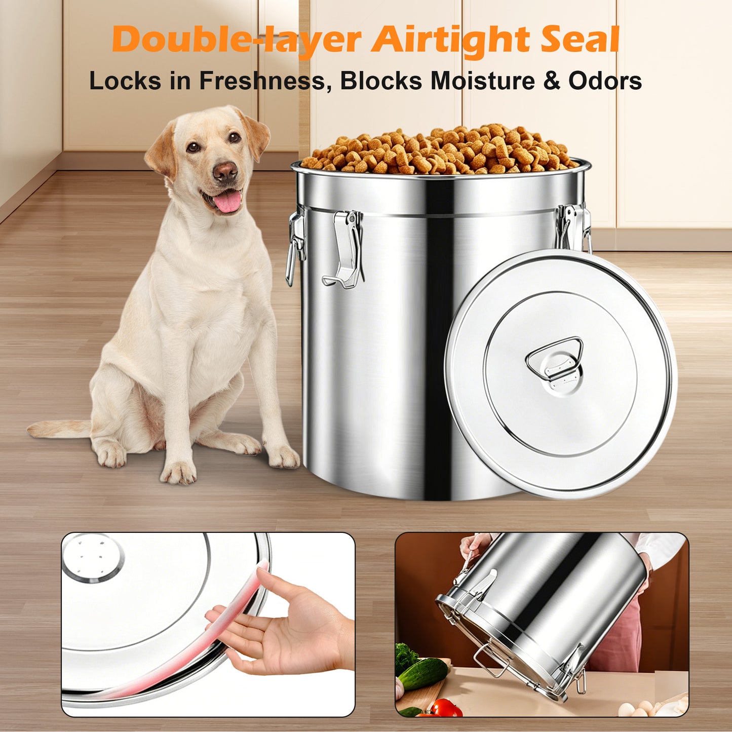 Newget Stainless Steel Dog Food Storage Container, Large: 38-lb