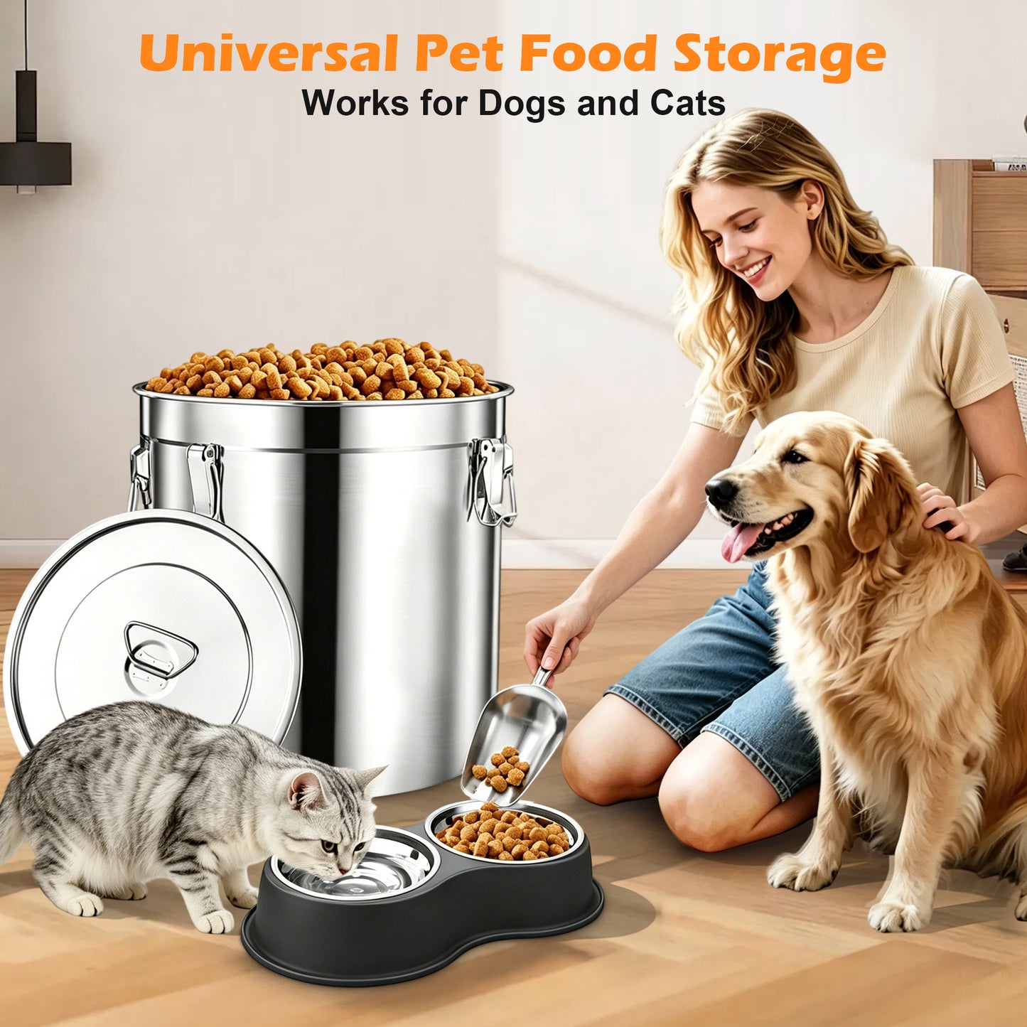 Newget Stainless Steel Dog Food Storage Container, Large: 38-lb