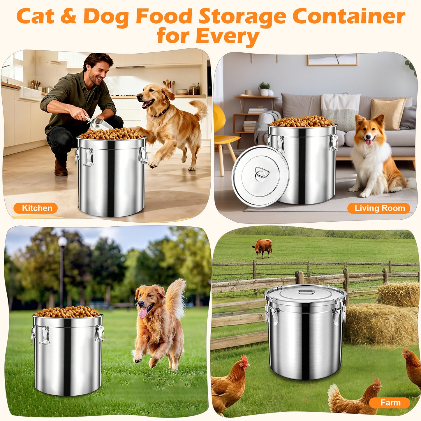 Newget Stainless Steel Dog Food Storage Container, Large: 38-lb