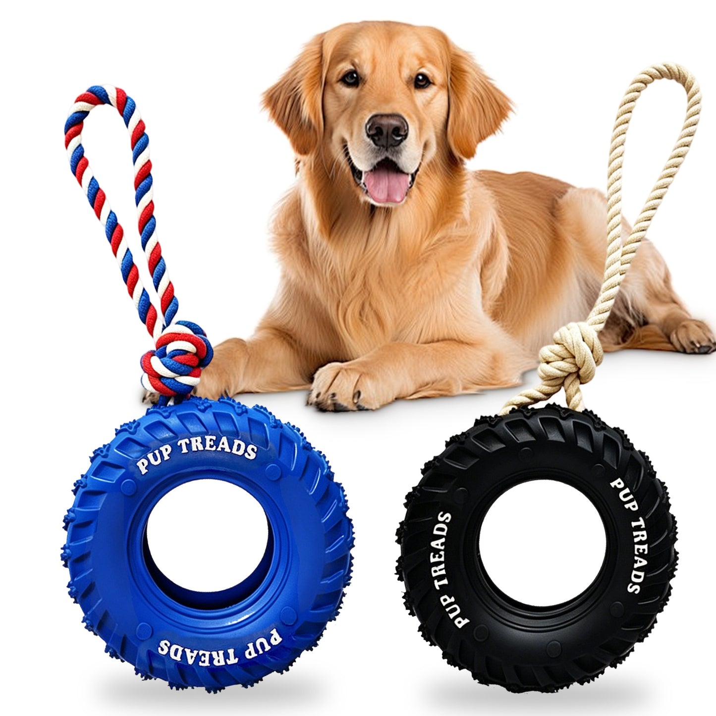Newget Treat Dispensing Tire Natural Rubber Chew Dog Toy with Rope, Blue