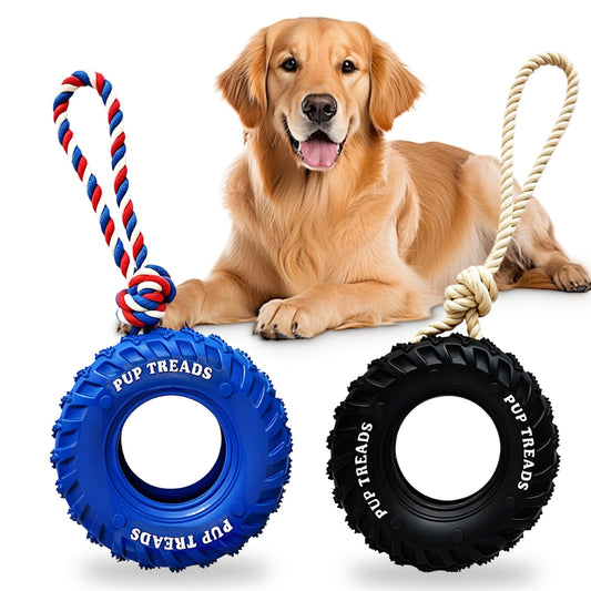 Newget Treat Dispensing Tire Natural Rubber Chew Dog Toy with Rope, Blue