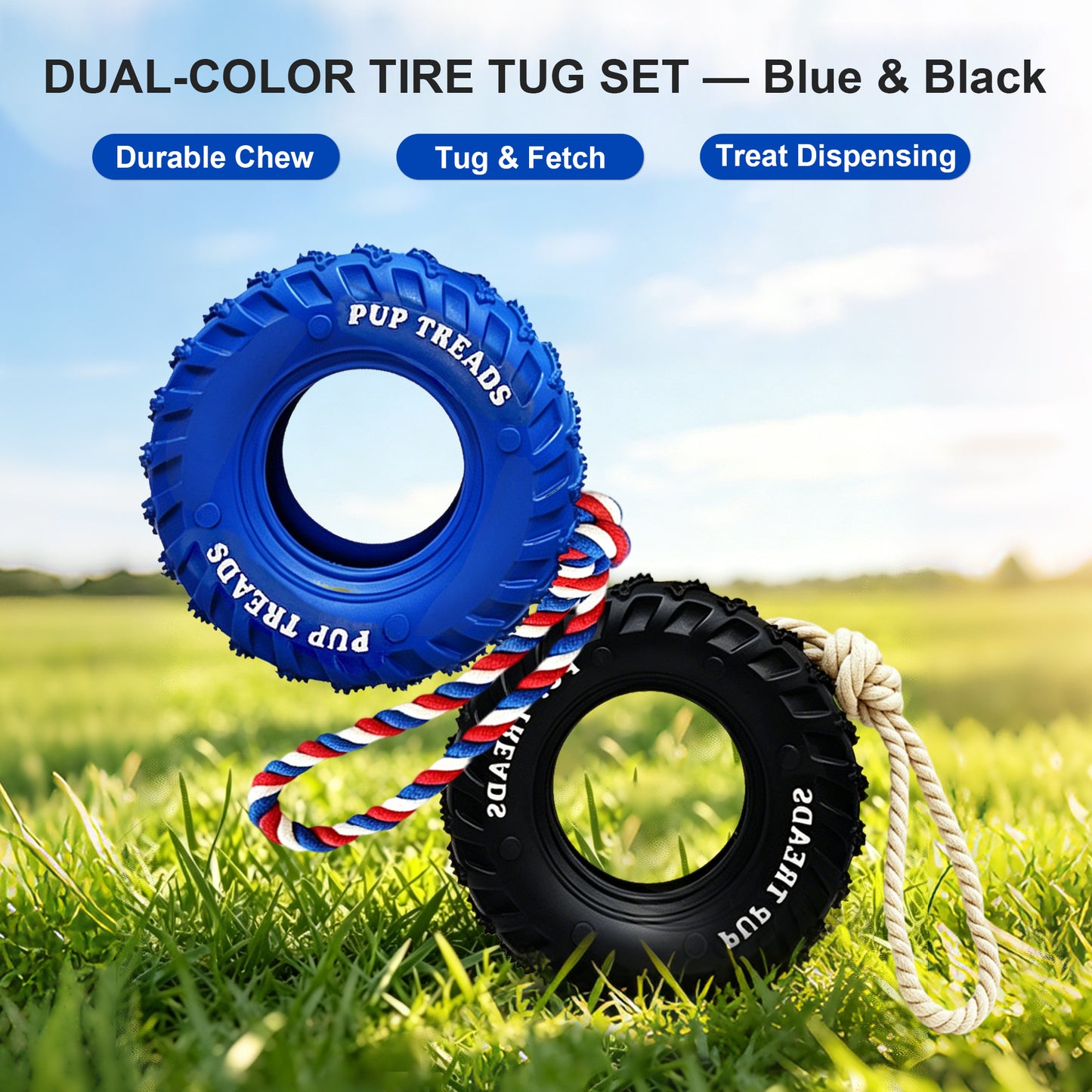 Newget Treat Dispensing Tire Natural Rubber Chew Dog Toy with Rope, Blue