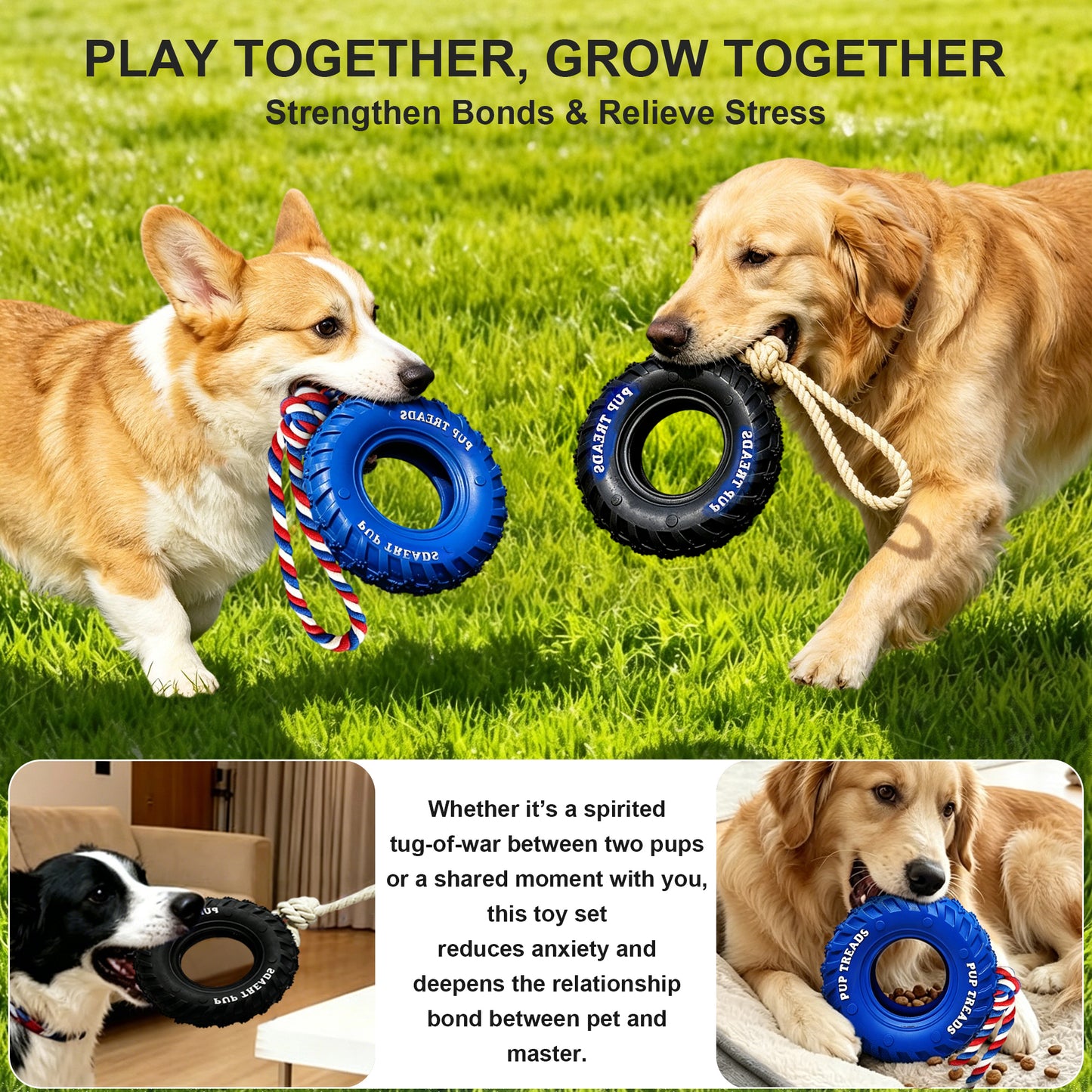 Newget Treat Dispensing Tire Natural Rubber Chew Dog Toy with Rope, Blue