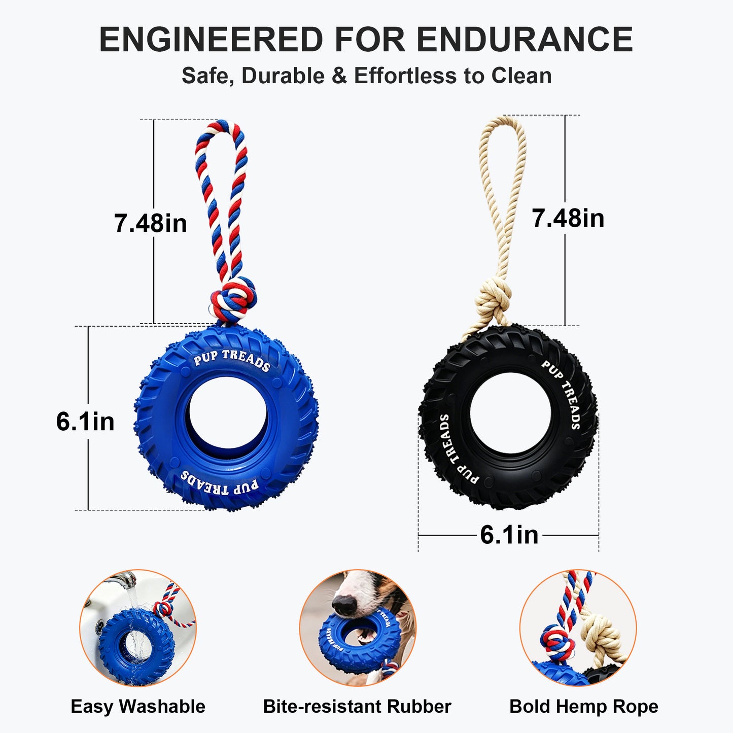 Newget Treat Dispensing Tire Natural Rubber Chew Dog Toy with Rope, Blue