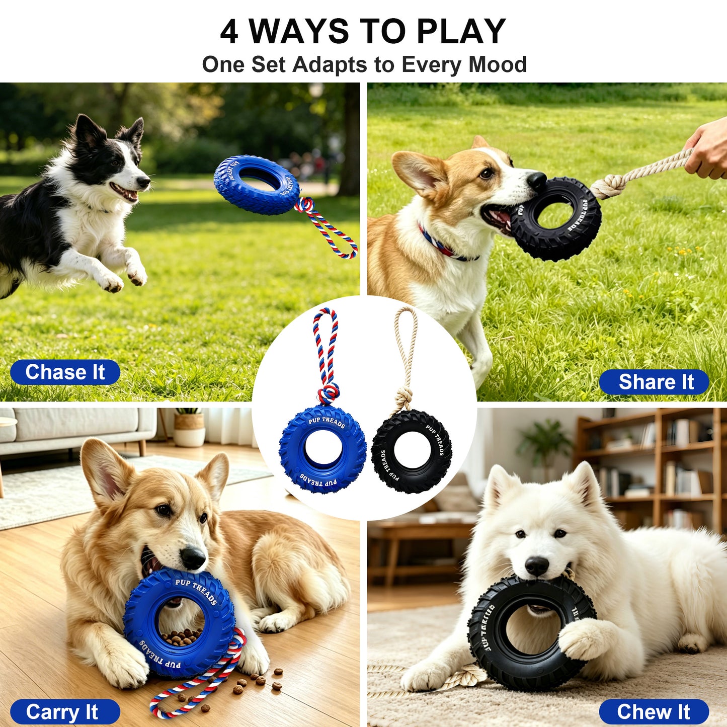Newget Treat Dispensing Tire Natural Rubber Chew Dog Toy with Rope, Blue