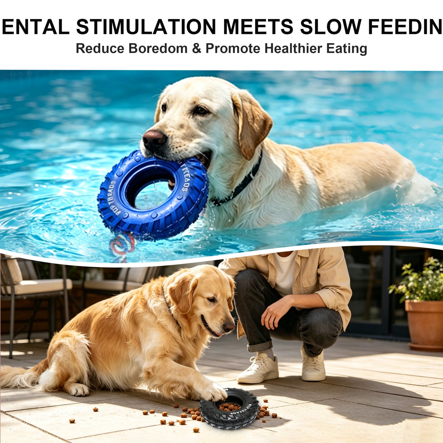 Newget Treat Dispensing Tire Natural Rubber Chew Dog Toy with Rope, Blue