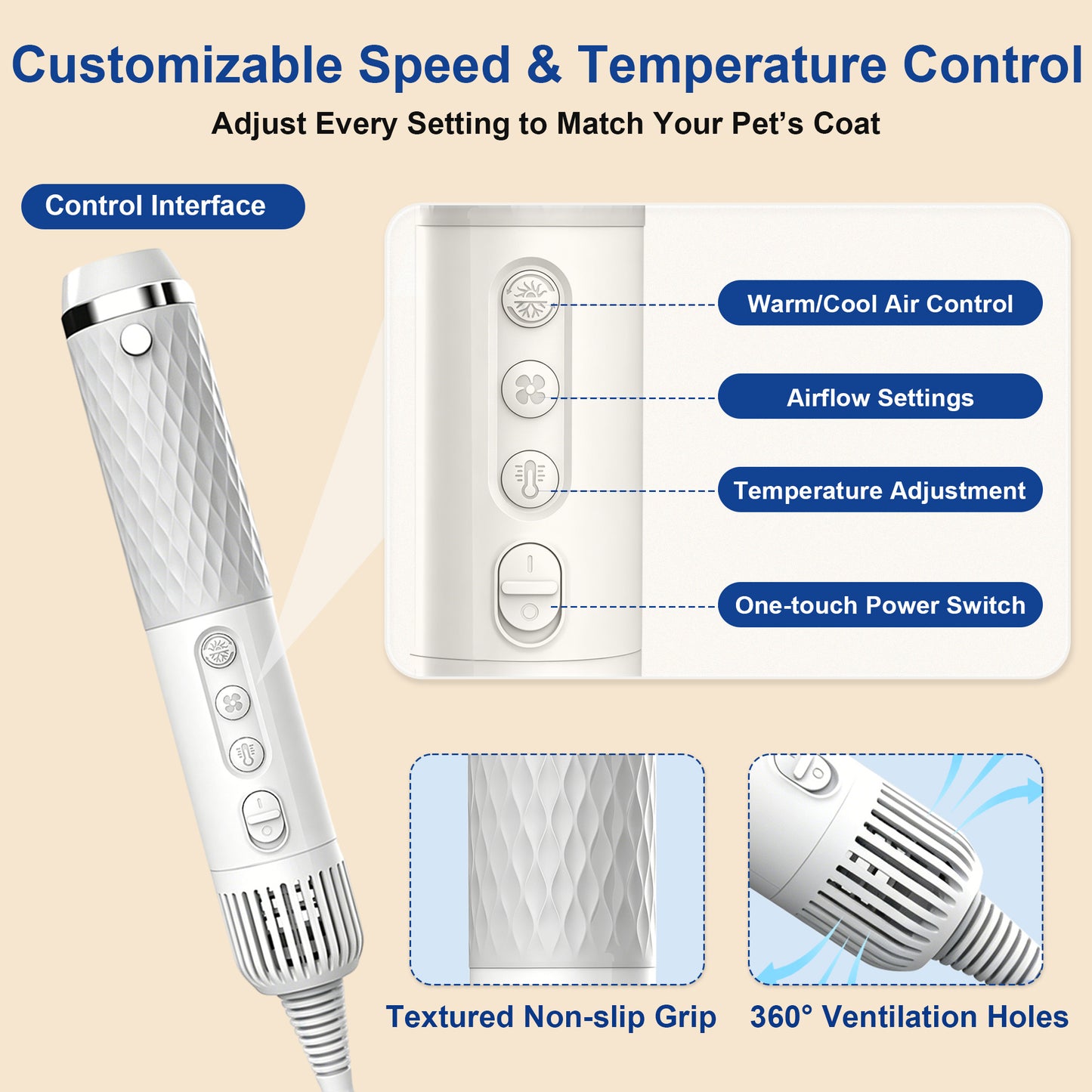 Newget 2-in-1 Cordless Smart Temp Control Dog & Cat Hair Dryer with Cold & Warm Air, 3 Wind Speed, Comb & Multiple Nozzle