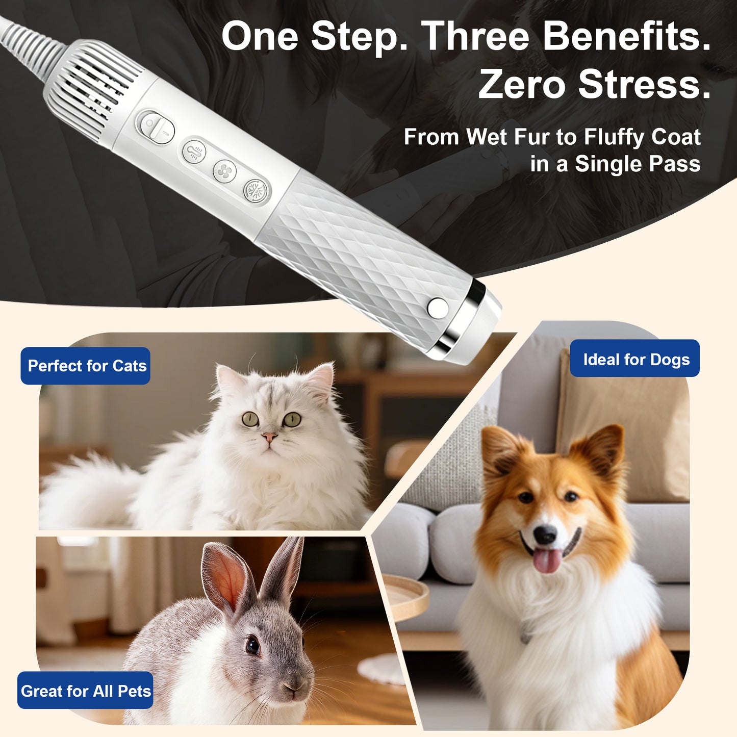 Newget 2-in-1 Cordless Smart Temp Control Dog & Cat Hair Dryer with Cold & Warm Air, 3 Wind Speed, Comb & Multiple Nozzle