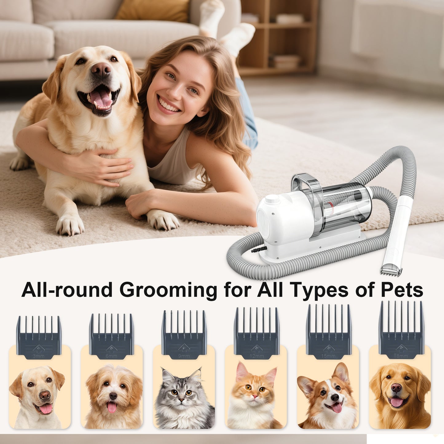 Newget Multifunctional 3-in-1 Trimmer Comb Portable Grooming Device Dog Clipper with Vacuum Suction, Transparent View Window & Detachable Washable Hair Cup