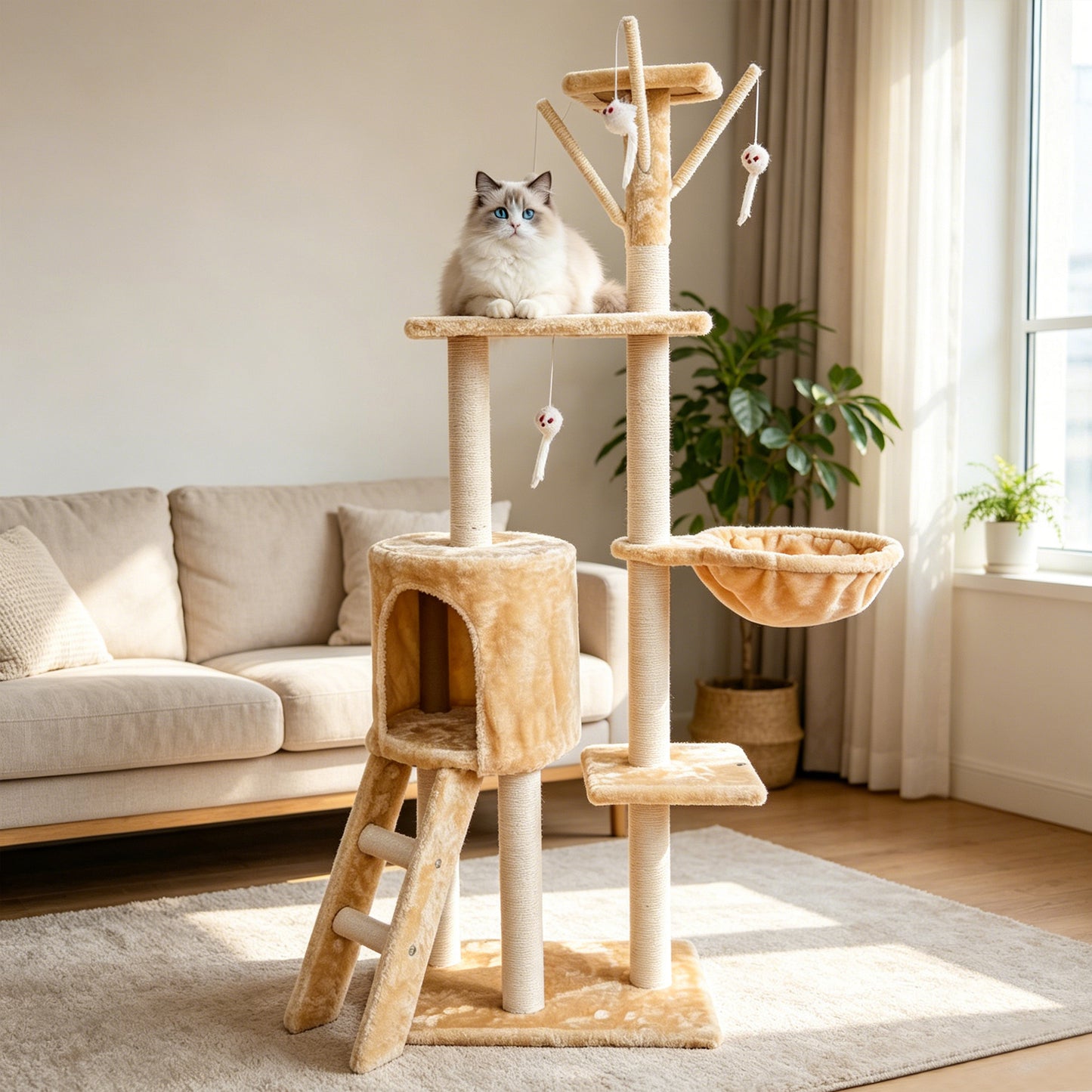 Newget 5-Tier Climbing Frame Luxury Half Cotton Rope Wrap Post Platform & Nest Sturdy Activity Furniture Plush Cat Tree