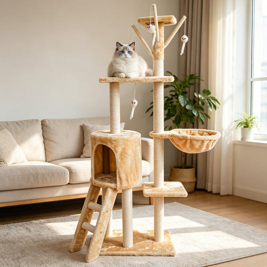 Newget 5-Tier Climbing Frame Luxury Half Cotton Rope Wrap Post Platform & Nest Sturdy Activity Furniture Plush Cat Tree