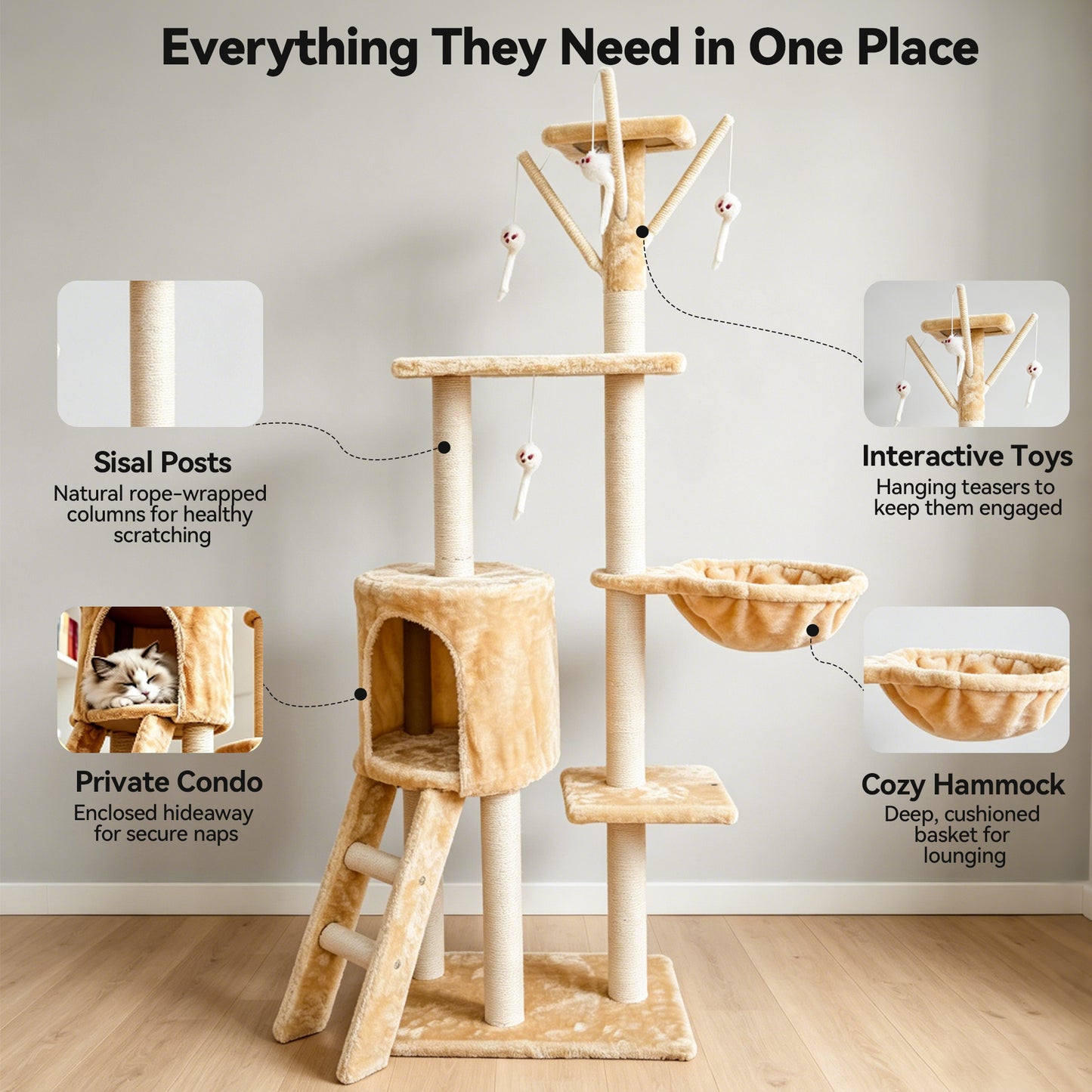 Newget 5-Tier Climbing Frame Luxury Half Cotton Rope Wrap Post Platform & Nest Sturdy Activity Furniture Plush Cat Tree