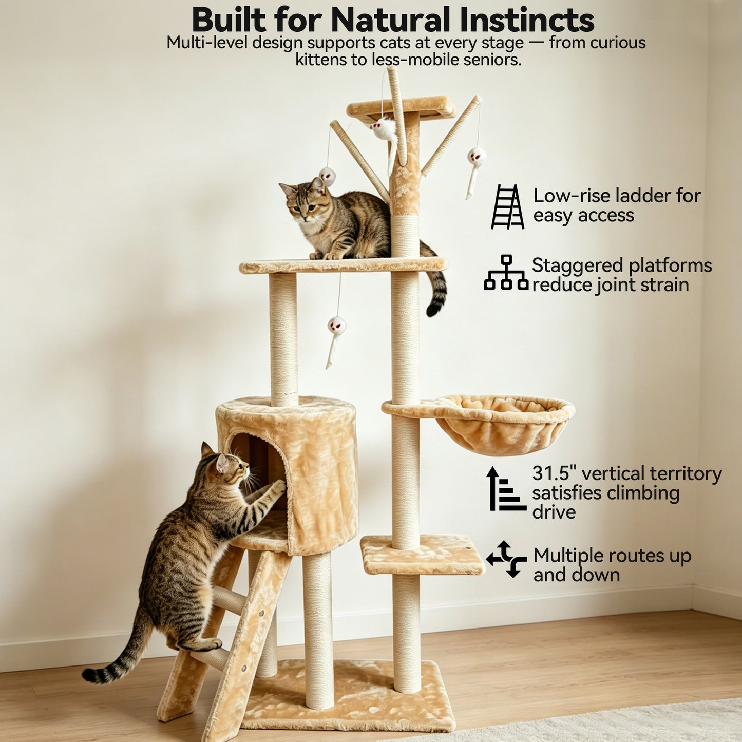 Newget 5-Tier Climbing Frame Luxury Half Cotton Rope Wrap Post Platform & Nest Sturdy Activity Furniture Plush Cat Tree