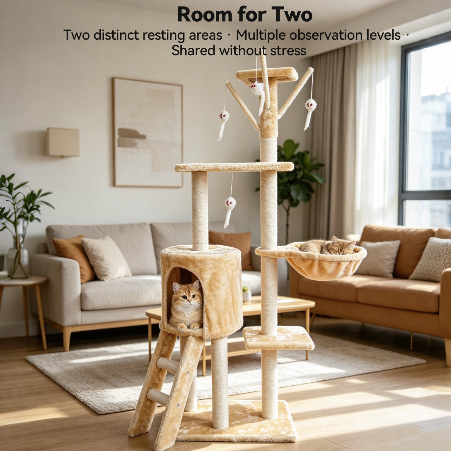 Newget 5-Tier Climbing Frame Luxury Half Cotton Rope Wrap Post Platform & Nest Sturdy Activity Furniture Plush Cat Tree