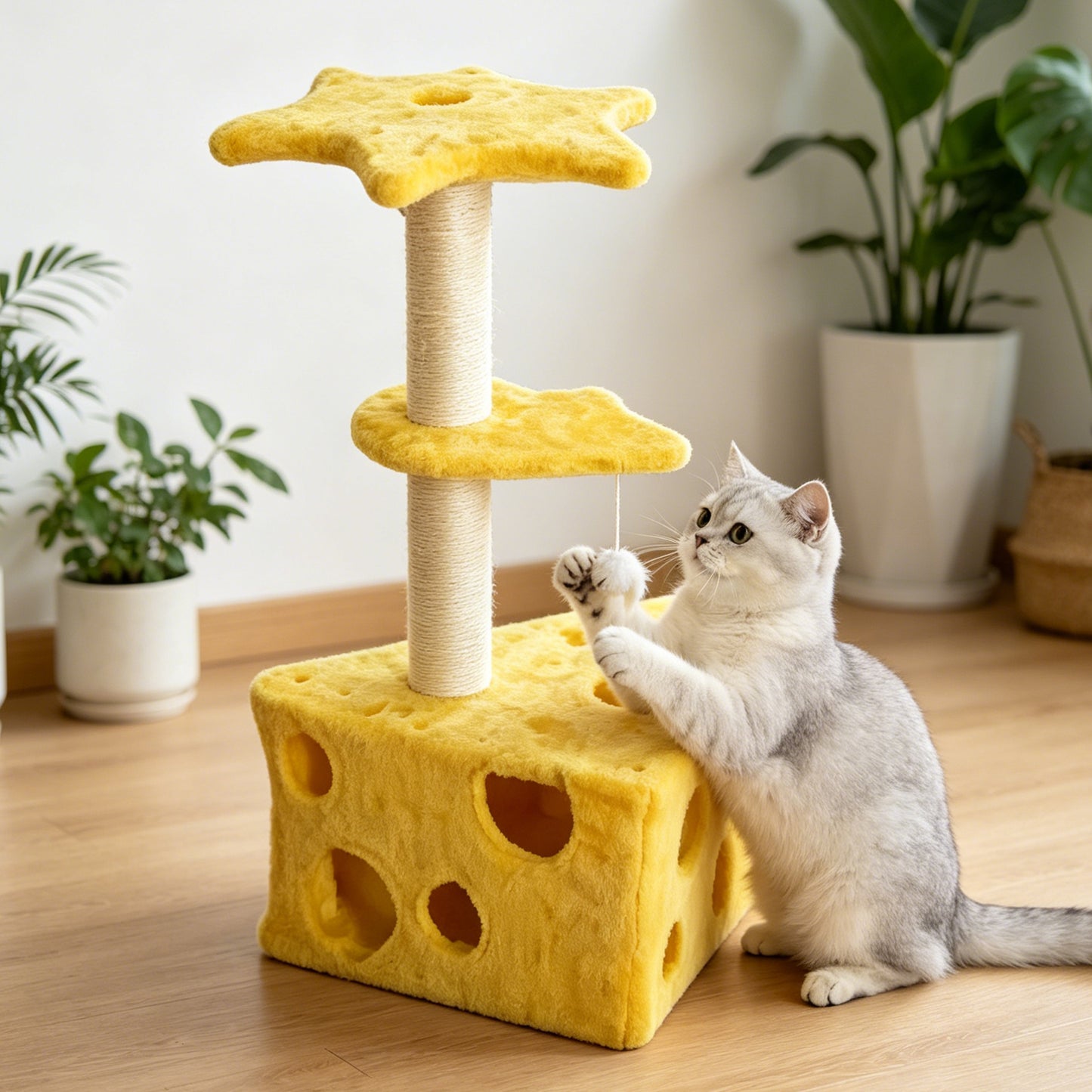 Newget Multi-Functional Cheese Shaped Tower Sisal Scratching Surface Hideout Holes Rest Nest Sturdy Furniture Triangle Base Plush Cat Tree